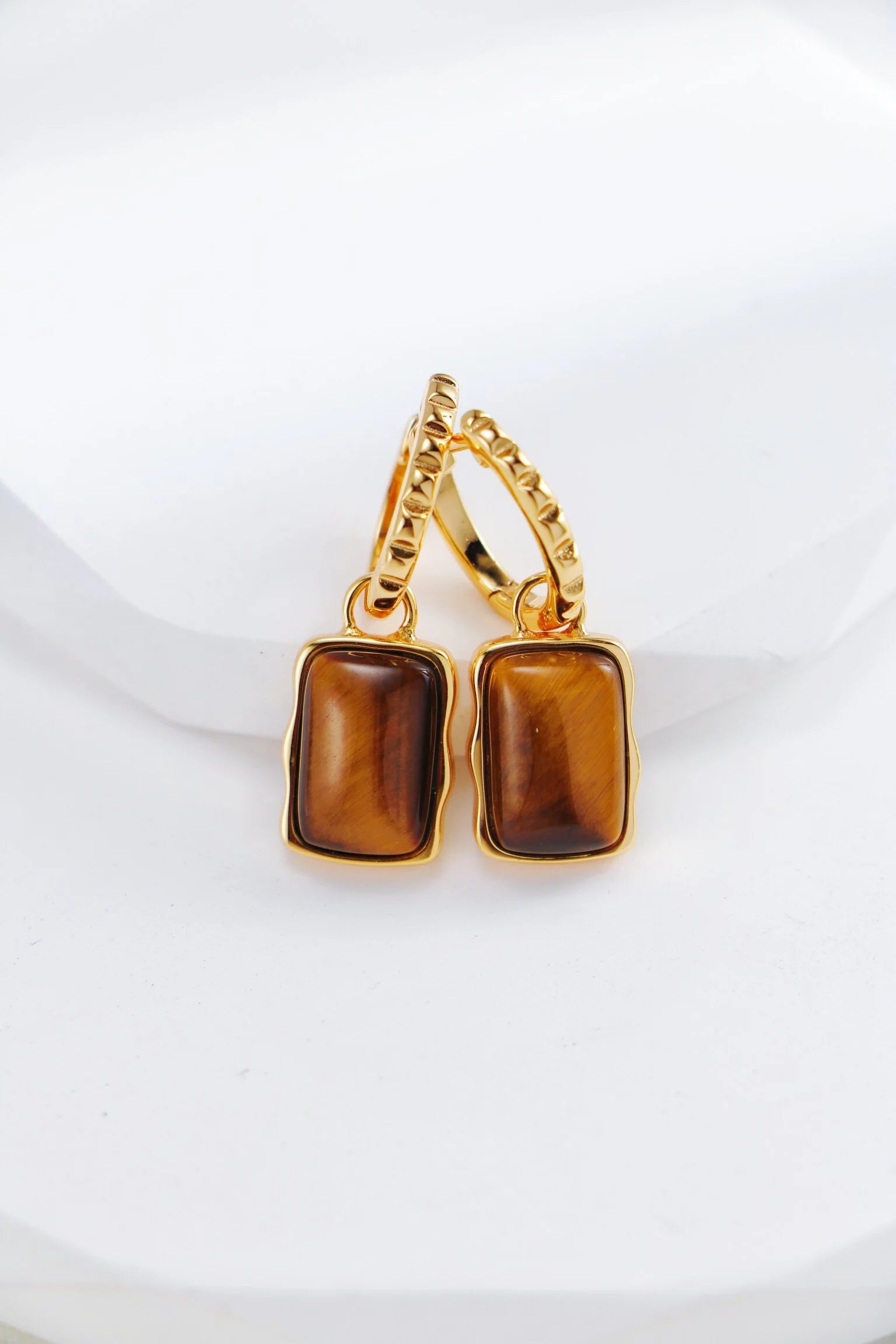 Rectangle Shape Tiger Eye Long Earrings