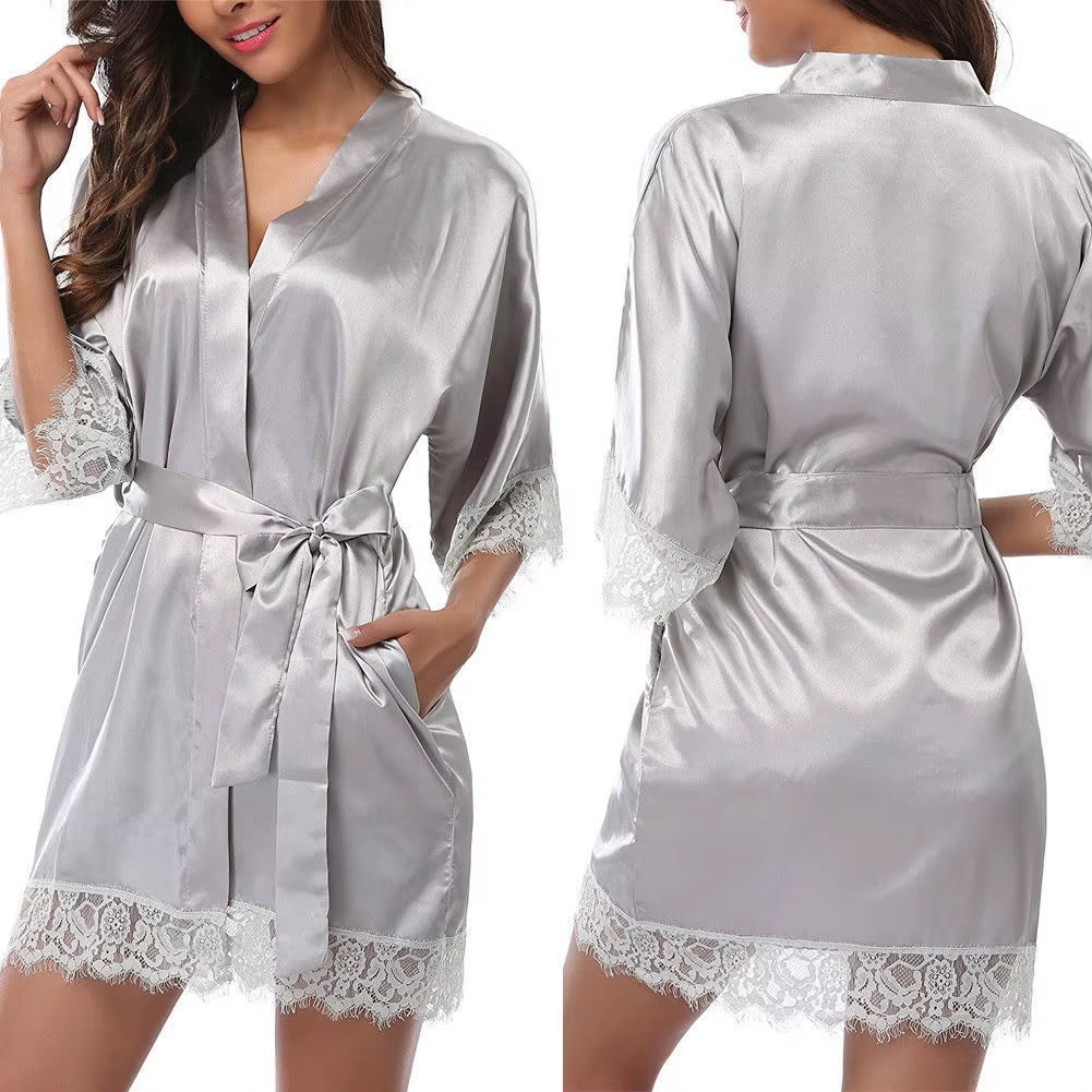 Women Ice Silk Pajamas Robes Sleepwear Nightgowns Nightdress Red Black L XL Lace Smooth Soft Comfortable Casual Pure Color
