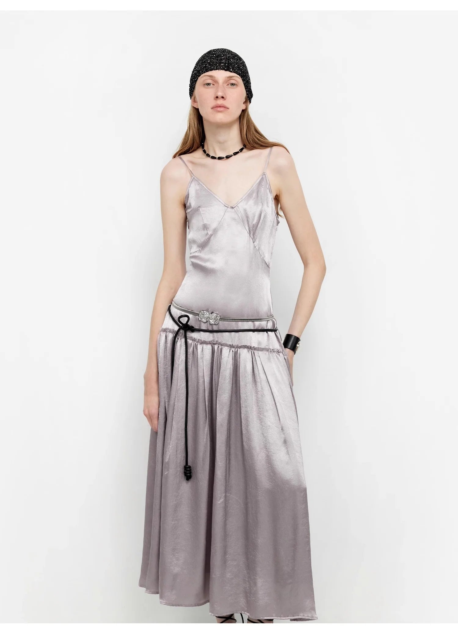 Luxurious and Light, Glossy and Silky 100% Acetate Low-Waisted Long Suspender Dress "Girls' Letterhead"