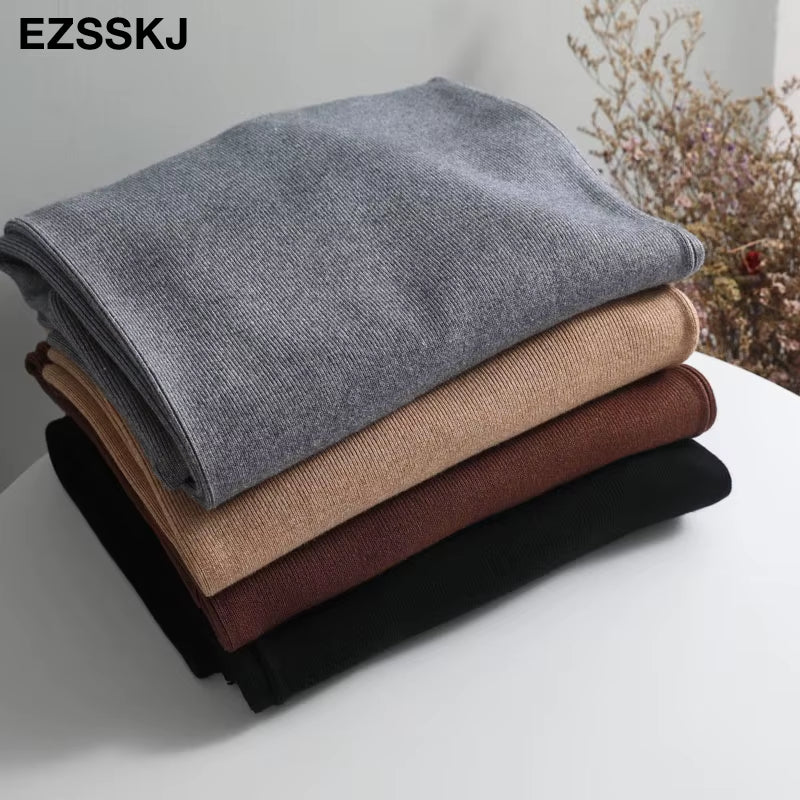 2020 Autumn Winter New THICK Casual Straight Pants Women Female Drawstring Loose Knitted Wide Leg Pants Casual Trousers