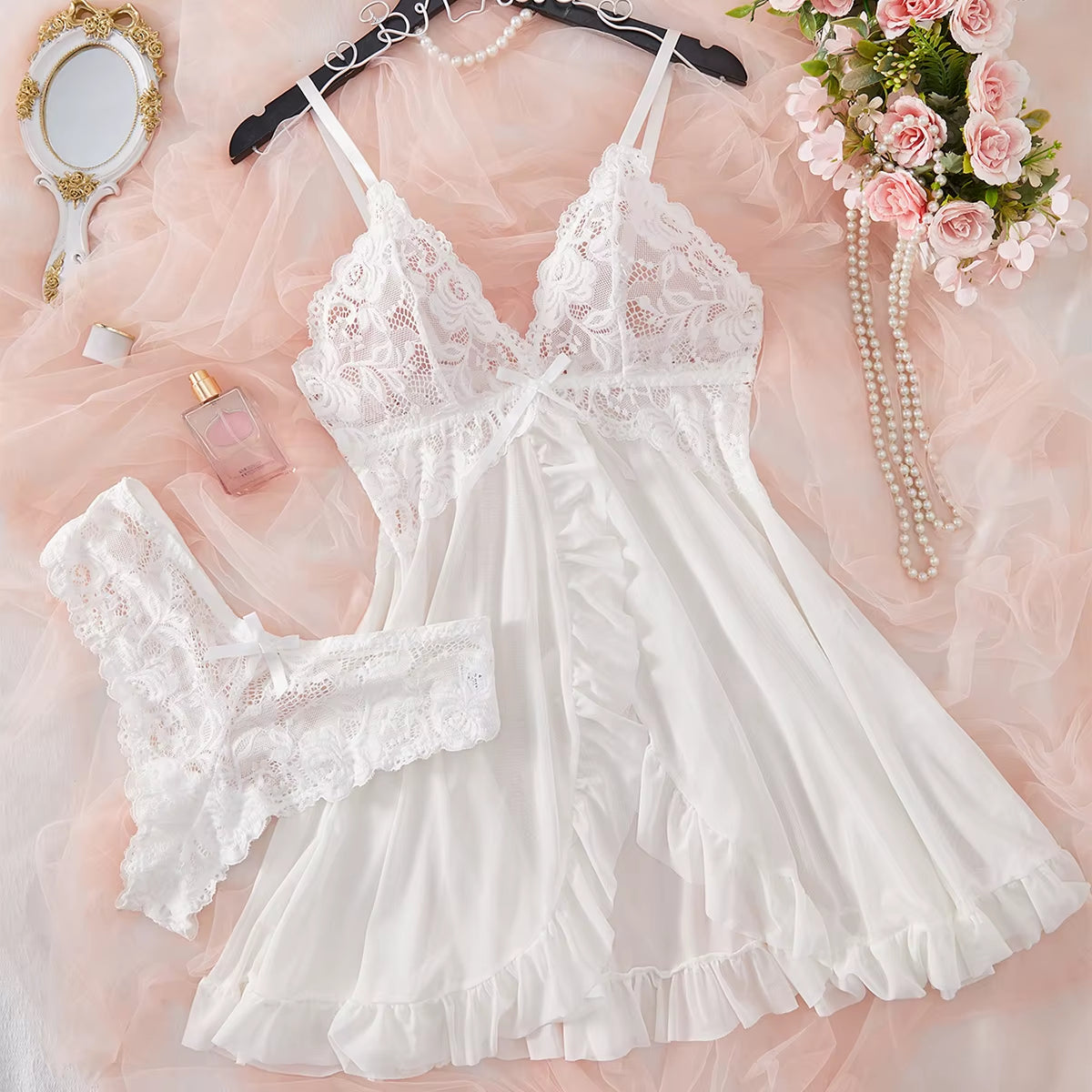 Romantic White Sexy Lingerie Women'S Underwear See through Sleepwear Lace Nightdress and Panty Pijamas Sets Female Sexy Nighty