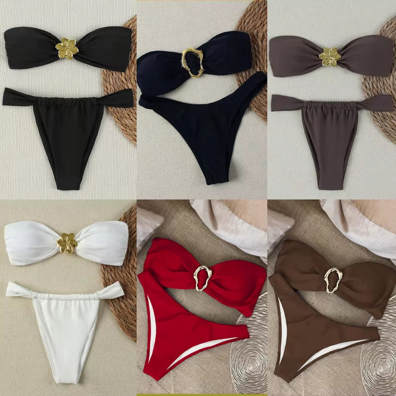 "2025 Sexy Bandeau Push-Up Bikini Set - Brazilian Thong Swimwear for Women"