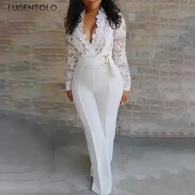 Women White Jumpsuit Lace Stitching Long Sleeve V-Neck Large Size Wide Leg Pants Office Lady Jumpsuits for Woman