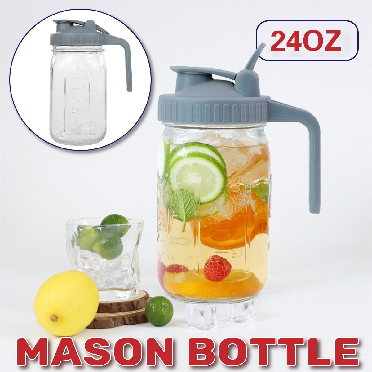 24 OZ Mason Glass Pitcher with Lid Leak Proof Pour Spout and Handle for Drinks