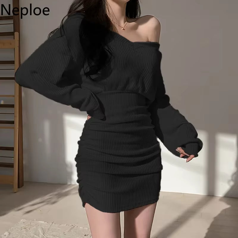 Neploe 2025 Korean Mini Dress Women Sexy V Neck Sweater Fashion Elegant Bodycon Dresses Long Sleeve Pleated Robe Knit Vestidos