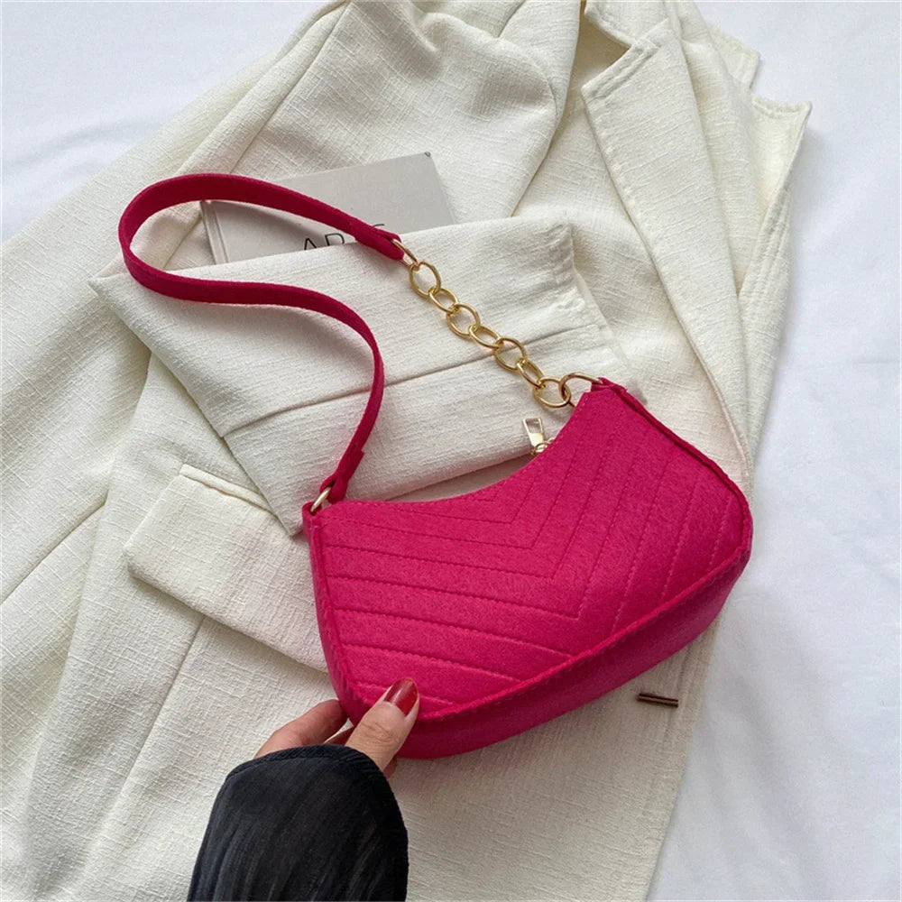 Felt Mini Shoulder Bag Women Fashion Solid Color Casual Handbags with Chain Shoulder Pouch Simple Light Weigh Underarm Bag