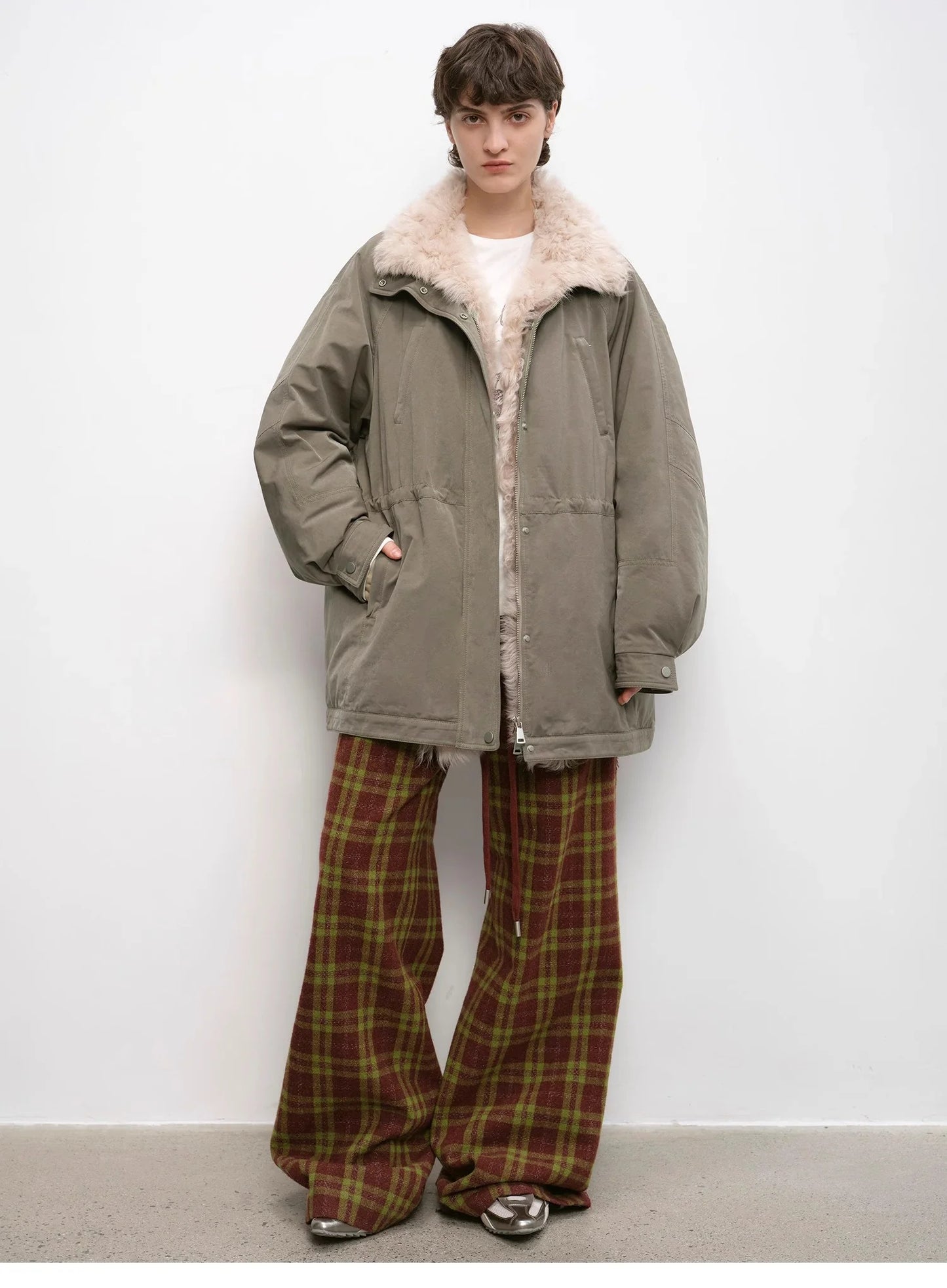 "Vintage Opportunity" High-Proportion Merino Wool Single Pleated Plaid Tweed Low-Rise Wide-Leg Casual Pants