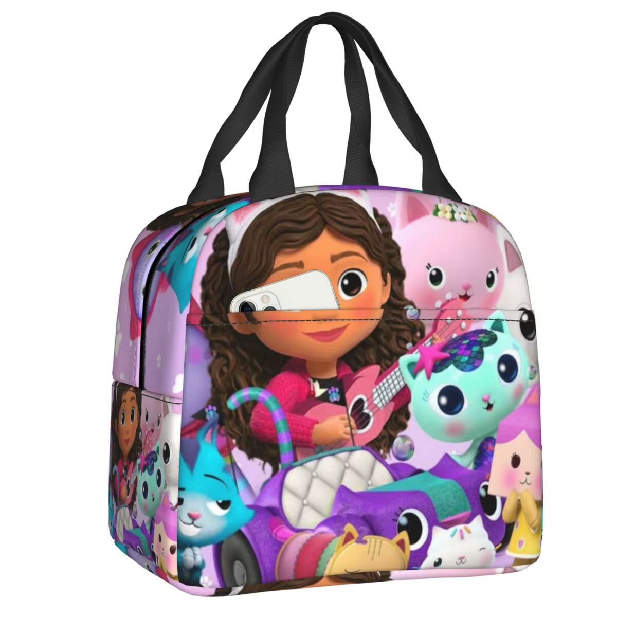 Custom Gabbys Dollhouse Portable Lunch Box Women Waterproof Cartoon Kitten Cats Thermal Cooler Food Insulated Lunch Bag