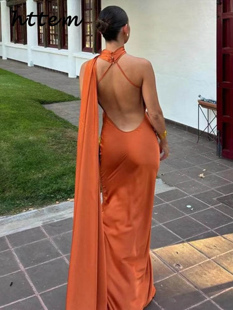 Elegant Ribbon Satin Long Party Dress Women Solid Sleeveless Backless Female Dresses 2025 Spring Summer Lady Chic Evening Gowns