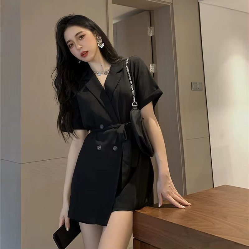 Playsuits Women Buttons High Waist Office Female Turn-Down Collar Korean Style Vintage Solid Streetwear Leisure Elegant Clothes