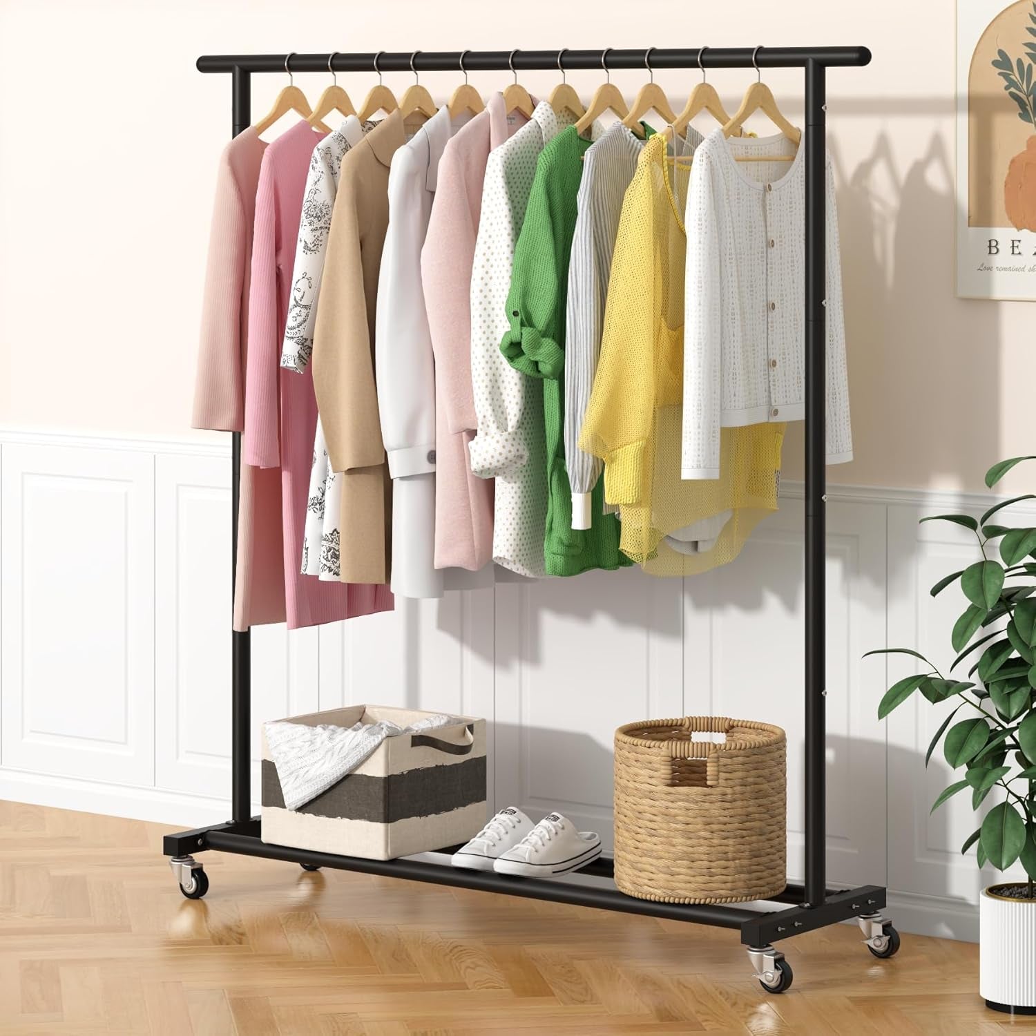 Clothing Rack Clothes Rack Standard Rod Simple Rolling Metal Garment Rack Organizer Freestanding Hanger with Wheels,Black