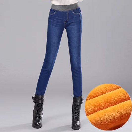 Winter Thick Velvet Fleece Warm Women Elastic High Waist Skinny Mom Jeans Stretch Female Denim Pencil Trousers 28-40