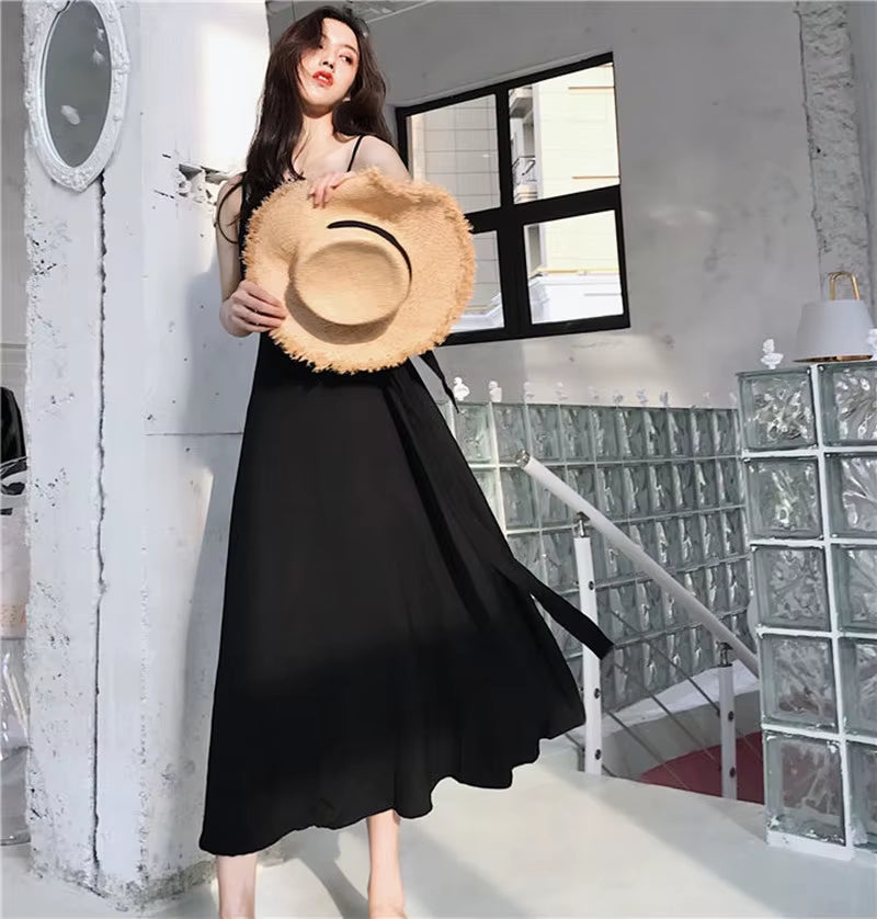 Fashion Spaghetti Strap Backless Dress for Women Summer Simple Solid Color A-Line Slim Long Dresses 2021 New Ladies Clothes