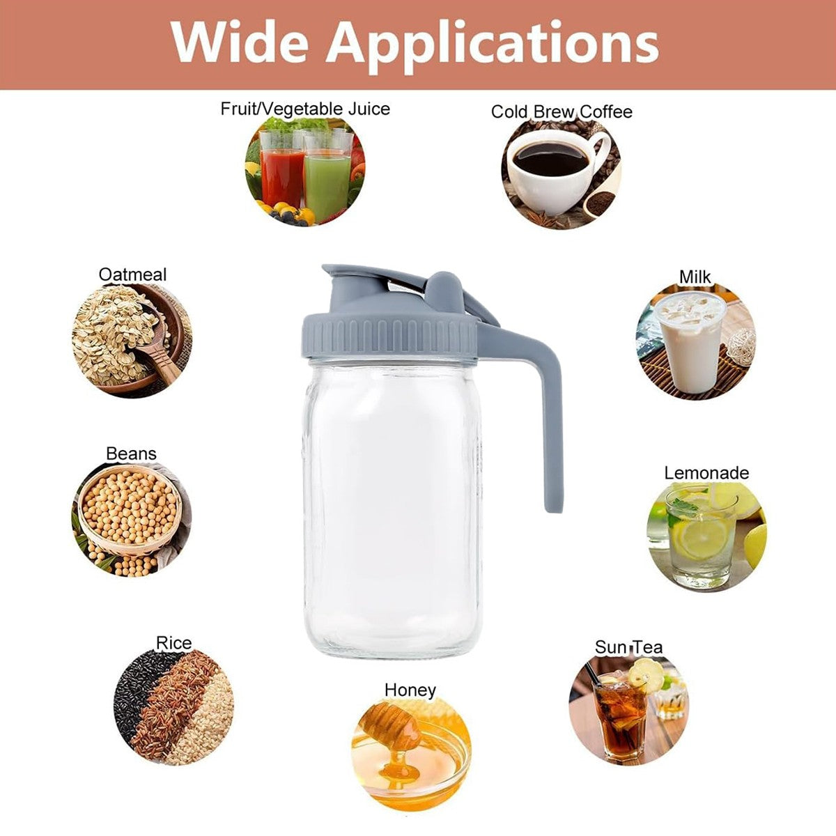 24 OZ Mason Glass Pitcher with Lid Leak Proof Pour Spout and Handle for Drinks