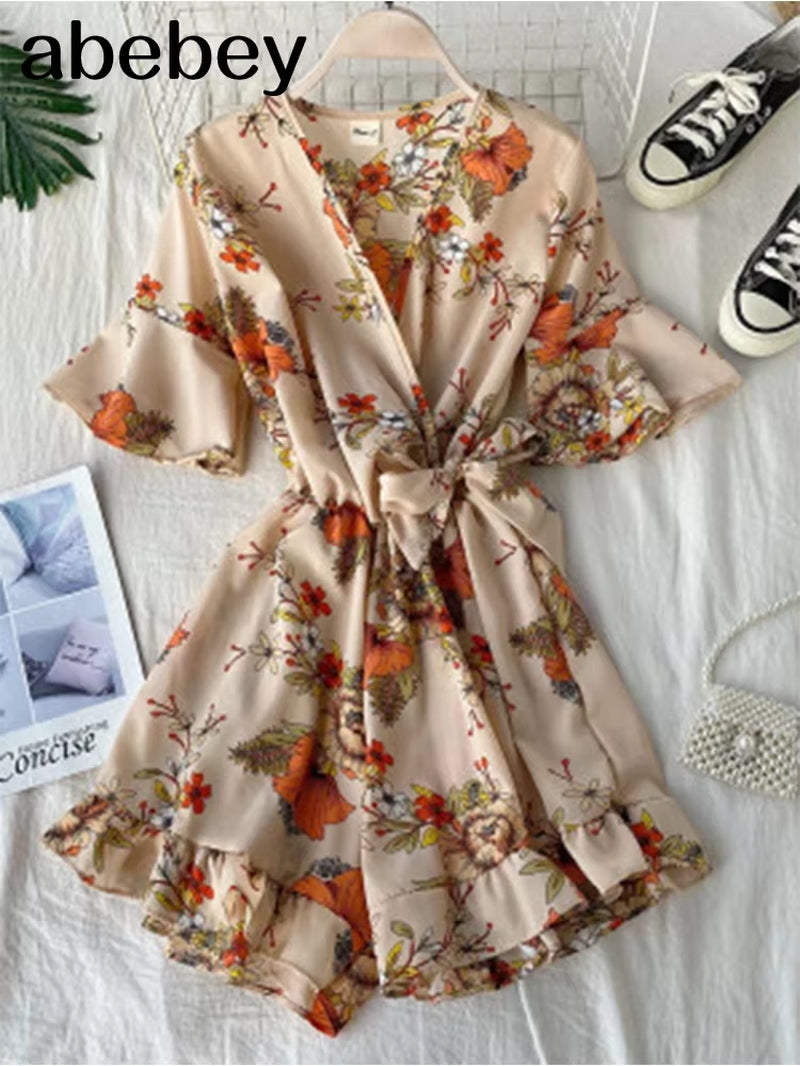 Women Rompers Casual Wide Leg Pants Overalls Short Sleeve V Neck Solid Playsuits Summer Beach Chiffon Ruffle Jumpsuits
