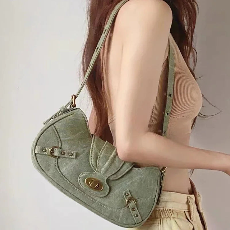 Y2K Vintage Shoulder Bag American Street Style Rivets Green Canvas Handbag Gothic Punk Biker Cool Designers Underarm Bag Handbag