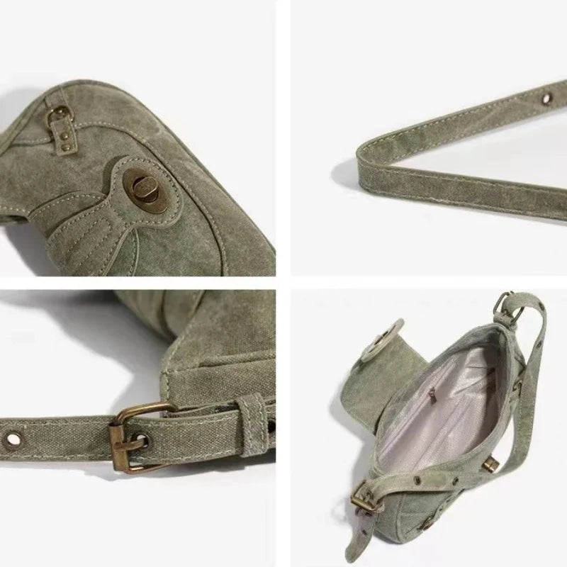 Y2K Vintage Shoulder Bag American Street Style Rivets Green Canvas Handbag Gothic Punk Biker Cool Designers Underarm Bag Handbag