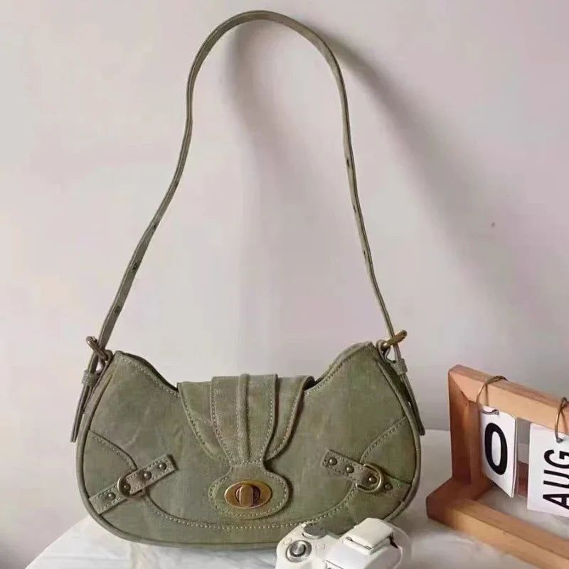 Y2K Vintage Shoulder Bag American Street Style Rivets Green Canvas Handbag Gothic Punk Biker Cool Designers Underarm Bag Handbag