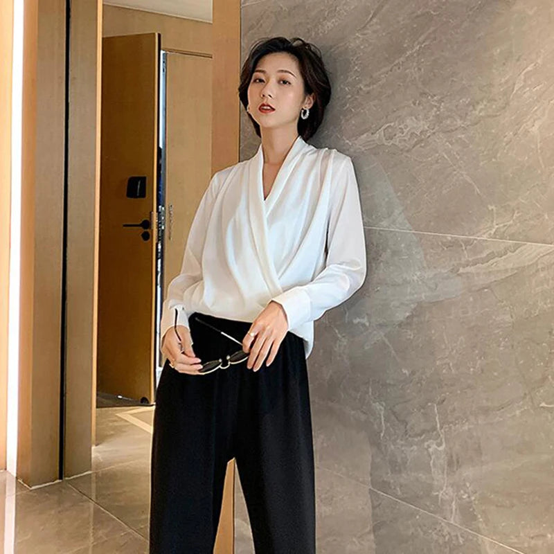 Autumn Spring French Silk Satin Shirts Women Sexy V-Neck Long Sleeve Fashion Women Shirt Lady Office Blouses Female Loose 2022