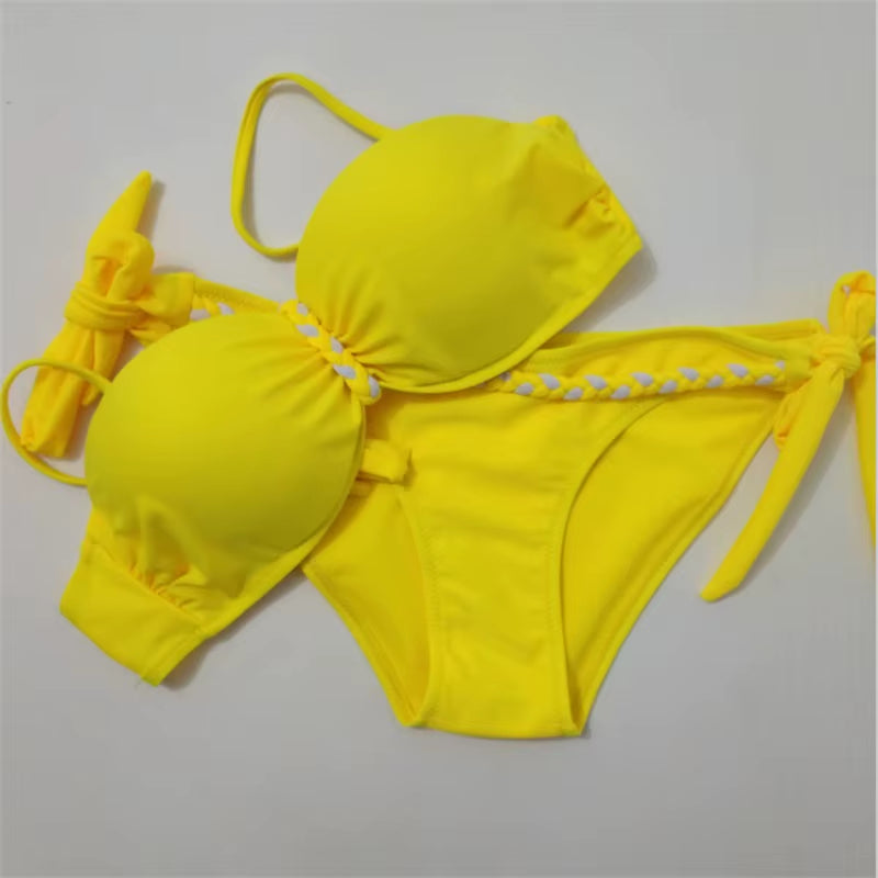 Yellow Backless Bandeau Swimwear Bikini Brazilian 2024 Push up Bikinis Set Women Sexy Solid Swimsuit Bathing Suits 3XL