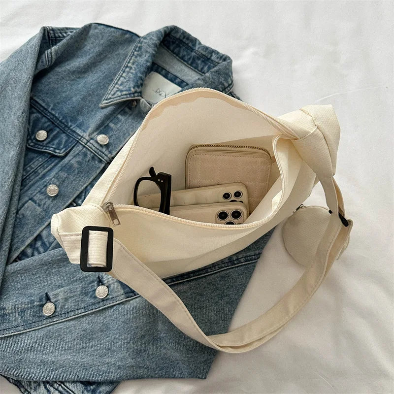 Women'S Canvas Shoulder Bag Large Capacity Crossbody Chest Bag Casual Half Moon Belt Messenger Bag Student Commute Dumpling Bag