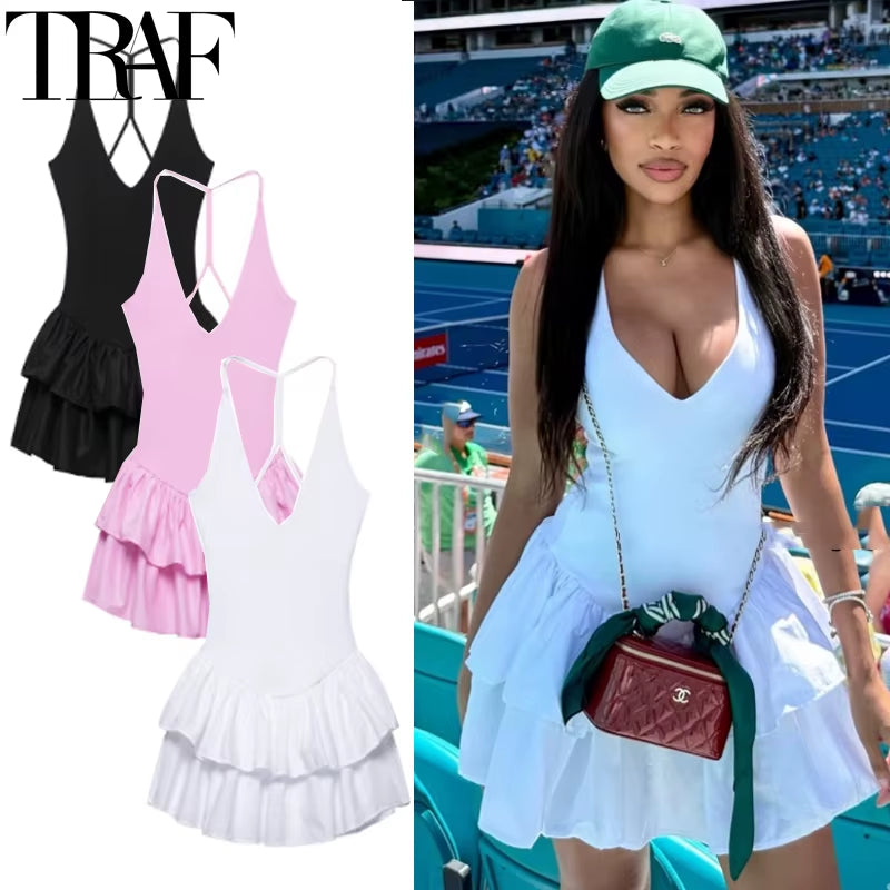 off Shoulder Women'S Dress Halter Solid Short Dresses 2025 Woman V Neck Layered Mini Dress Backless Party Dress for Women