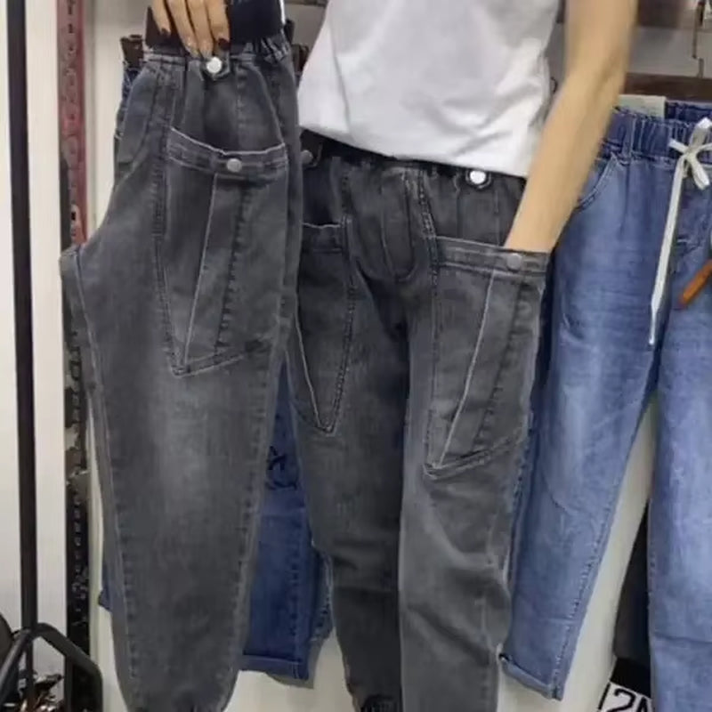 Woman Jeans Pants Denim Women'S Elastic High Waist Loose Radish Ankle-Tied Baggy Pants Casual Pants Pantalones Vaqueros Mujer
