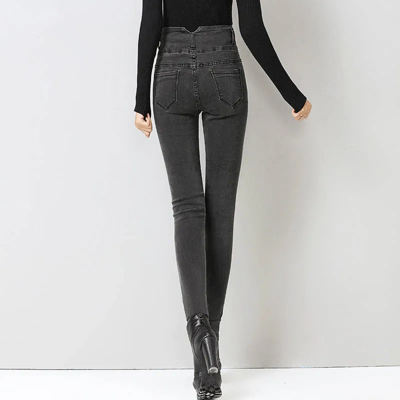 New High Waist Velvet Thick Jeans Female Winter Skinny Stretch Warm Jeans Pants Mom Black Denim Trousers with Fleece Pants P125