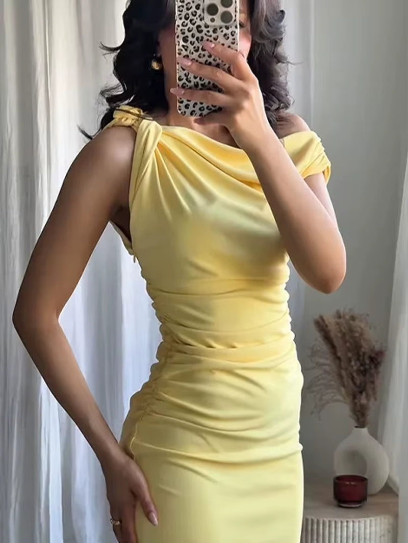 Elegant Dress for Women Yellow Asymmetric Sleeveless Pleated Long Dresses Woman 2025 Summer Vintage Party Evening Dress