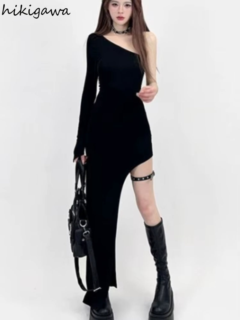 Sexy Black Maix Dress for Women Slim Waist Long Sleeve Split Robe Femme off Shoulder Bodycon Y2K Dresses 2025 Vestidos De Mujer