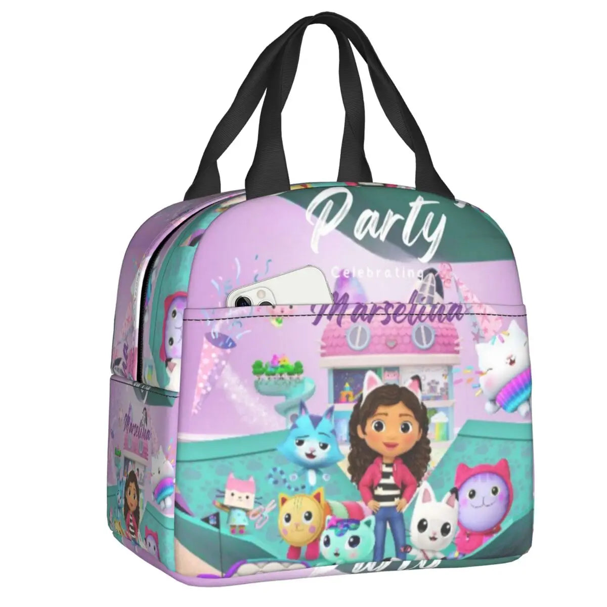 Custom Gabbys Dollhouse Portable Lunch Box Women Waterproof Cartoon Kitten Cats Thermal Cooler Food Insulated Lunch Bag