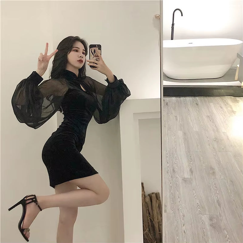 Black Slit Dress Women'S Clothing Retro Patchwork Velvet Lantern Sleeve Dress Sexy Woman Dresses Vestido De Mujer Femme Robe