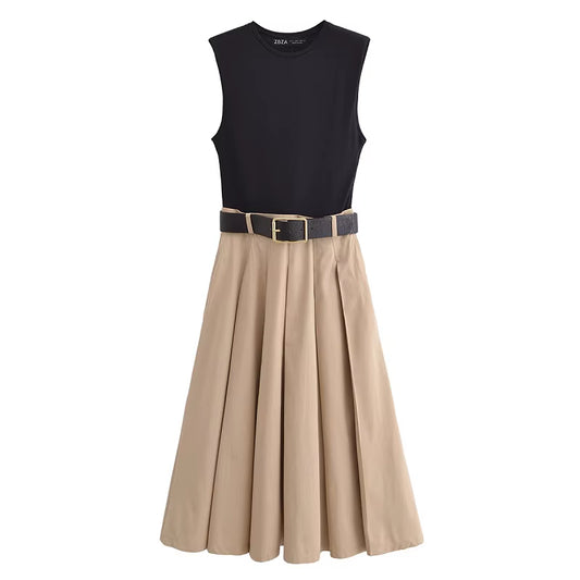 2025 Woman Dresses Belt Pleated Midi Dress Women Sleeveless Summer Dress Woman Knitted Party Dresses for Women Sundress