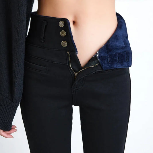 New High Waist Velvet Thick Jeans Female Winter Skinny Stretch Warm Jeans Pants Mom Black Denim Trousers with Fleece Pants P125