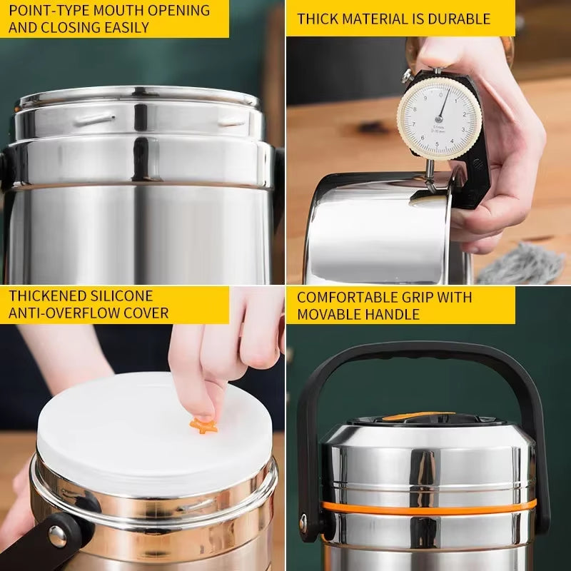 Stainless Steel Vacuum Thermal Lunch Box Large Capacity Multiple Layers Insulated Barrel Bento Box Carrying Pot