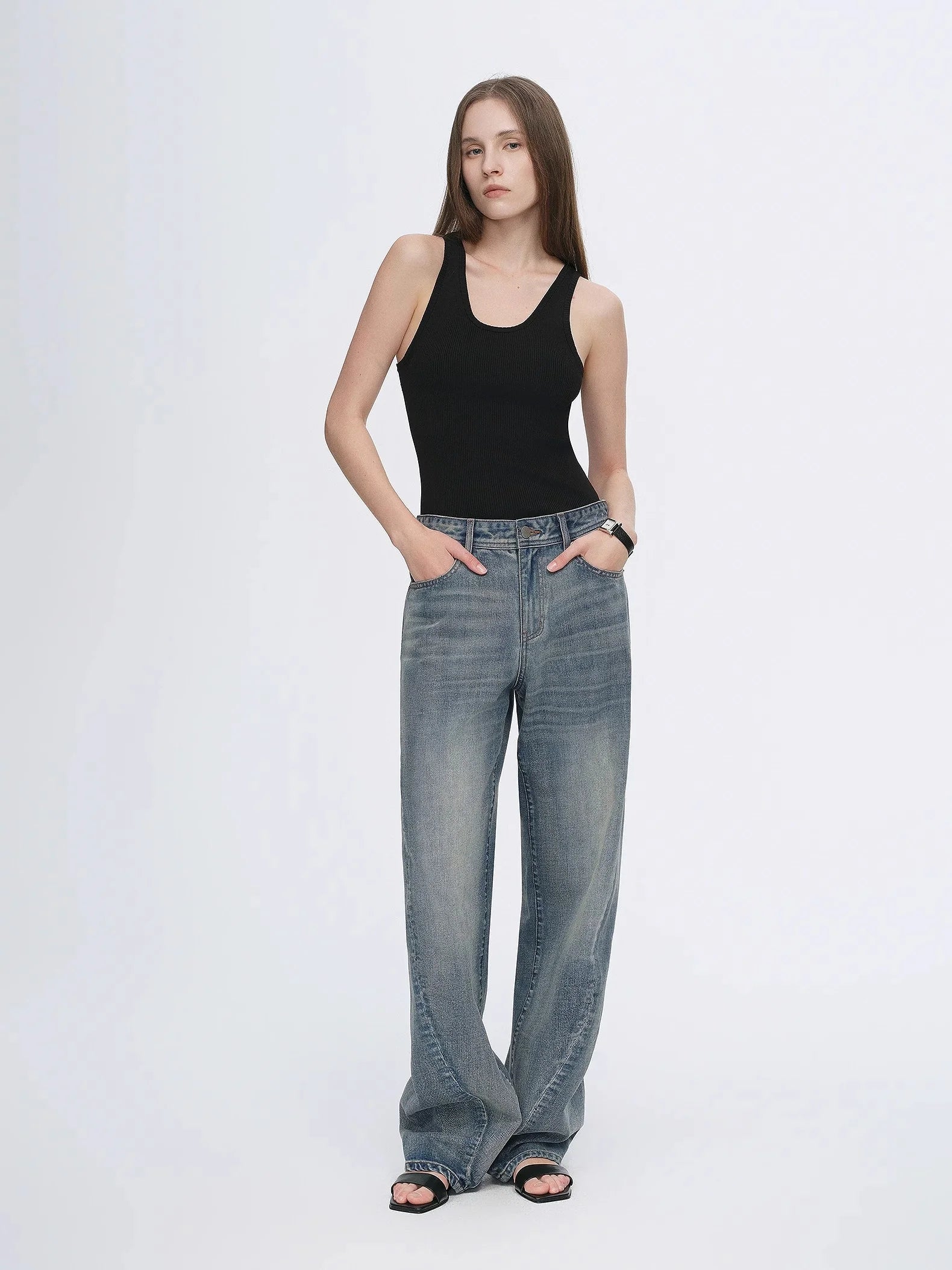 Vintage Heavy Cotton Polyester Blended Washed Comfortable Slim Front Curved Jeans