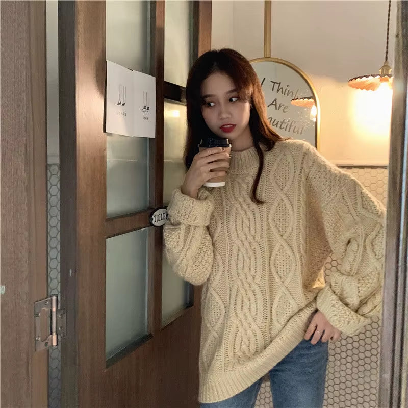 Pullovers Women Ins Preppy Loose Long Sleeve Retro Ladies Twisted Sweater All-Match Holiday Daily Sweet Femme Christmas Knitwear
