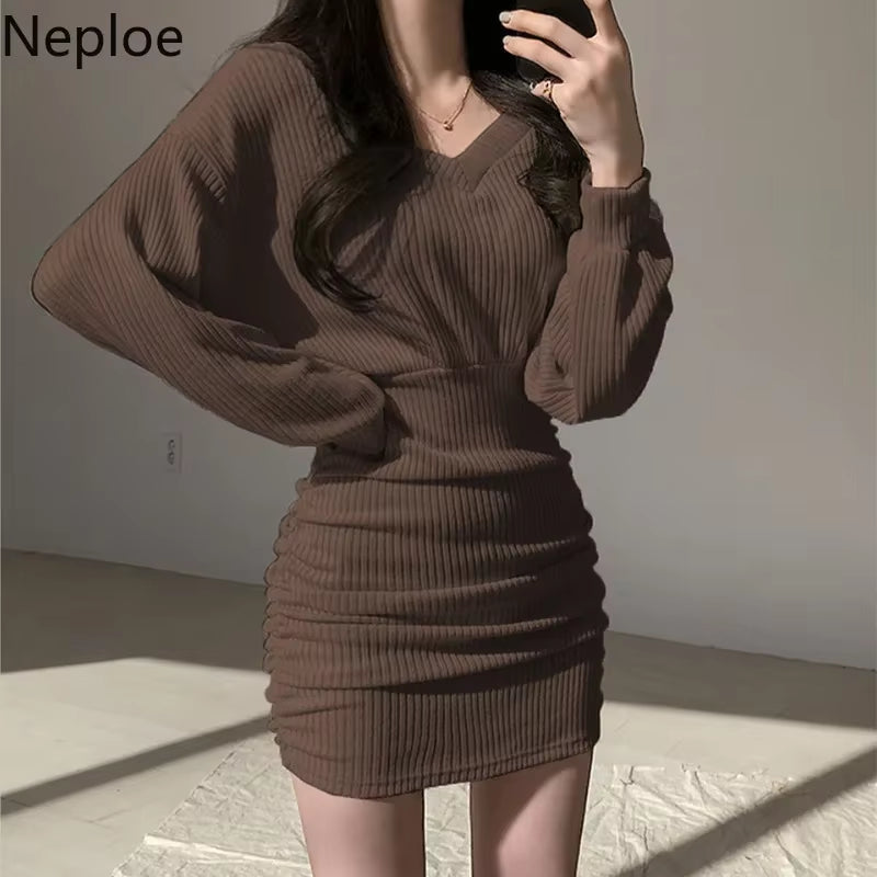 Neploe 2025 Korean Mini Dress Women Sexy V Neck Sweater Fashion Elegant Bodycon Dresses Long Sleeve Pleated Robe Knit Vestidos