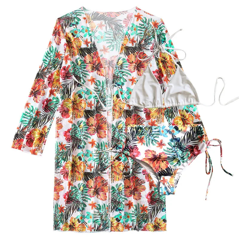 Floral Printed Halter Bikini 3 Pieces High Waisted Sexy Women Swimwear Padded Bikini Ser + Cover up Black/White/Orange Colors