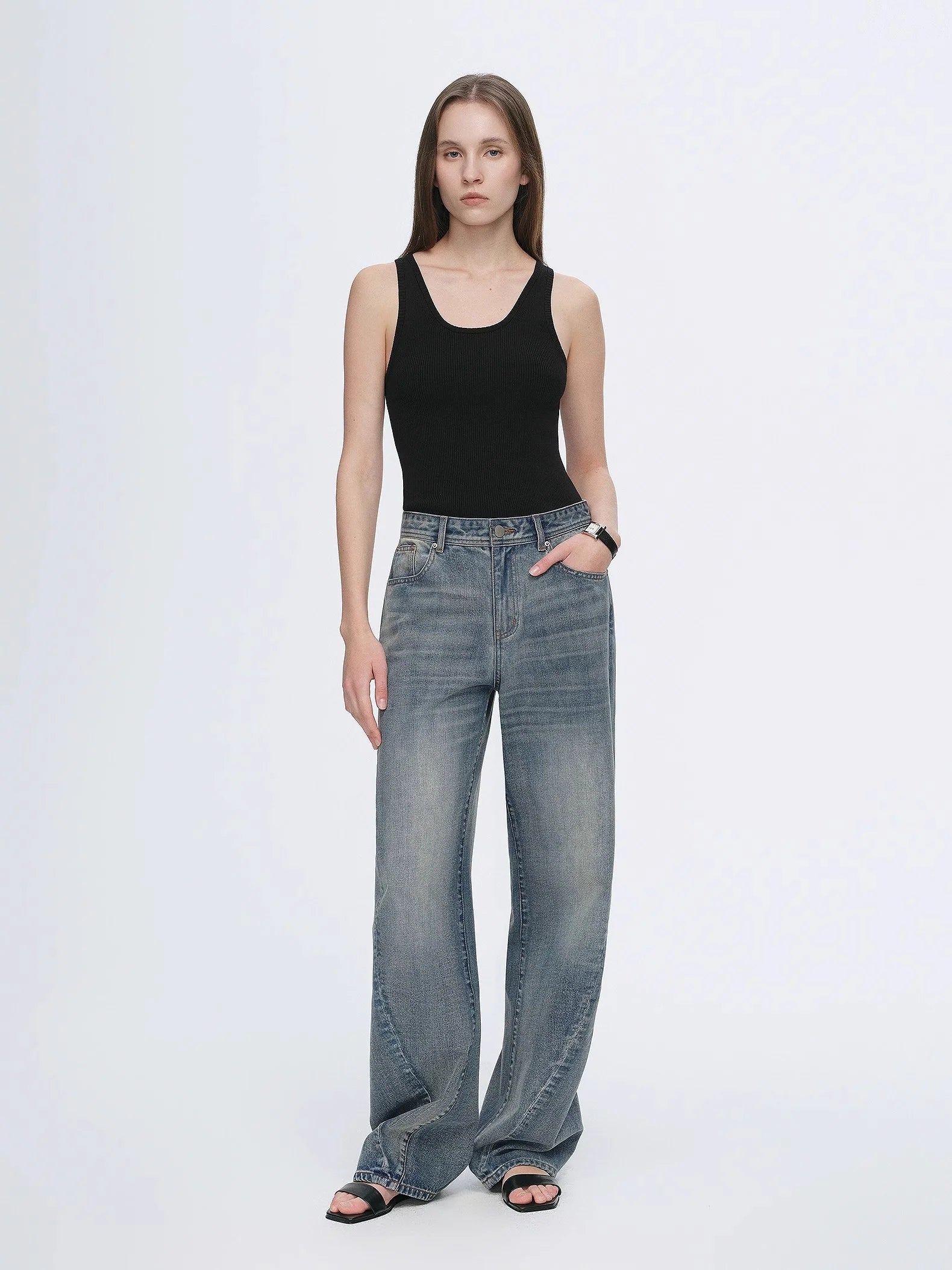 Vintage Heavy Cotton Polyester Blended Washed Comfortable Slim Front Curved Jeans