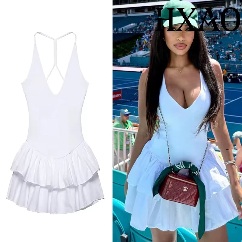 off Shoulder Women'S Dress Halter Solid Short Dresses 2025 Woman V Neck Layered Mini Dress Backless Party Dress for Women