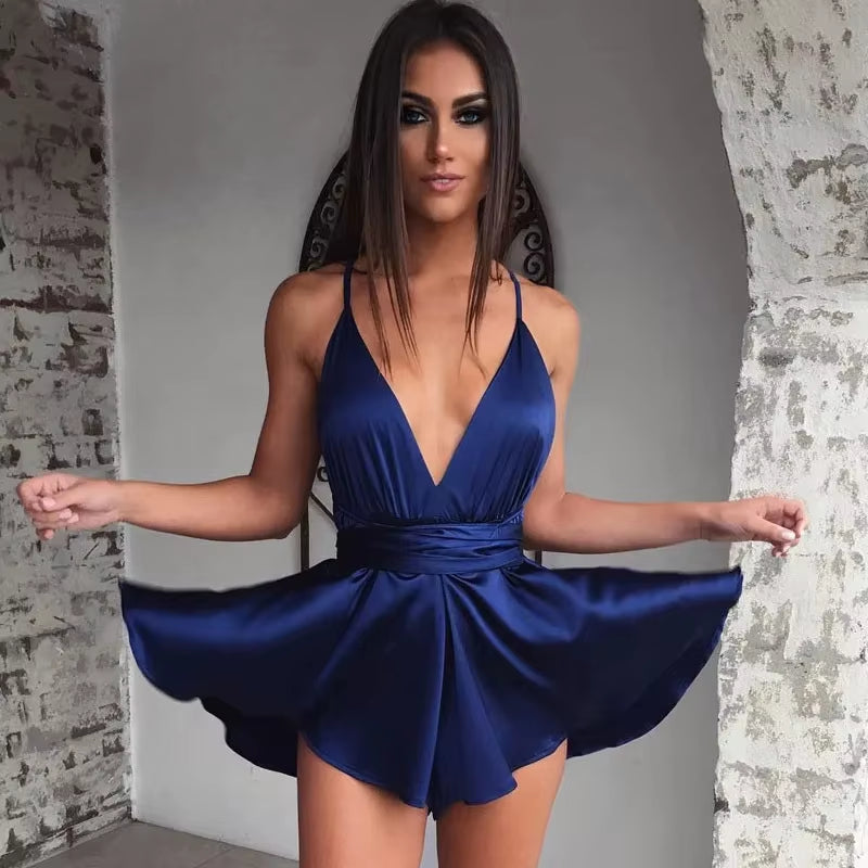 Satin Pleated Party Club Dress 2024 V Neck Women Summer Dresses Sexy Back Cross Lace up Bow Tie Strap Dresses Female Mini Vestid