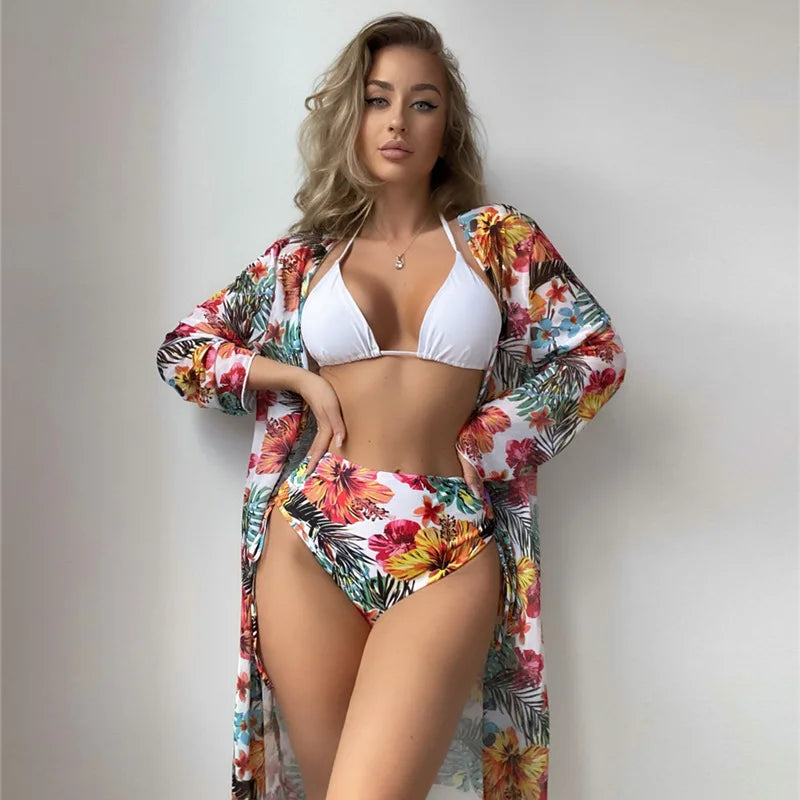 Floral Printed Halter Bikini 3 Pieces High Waisted Sexy Women Swimwear Padded Bikini Ser + Cover up Black/White/Orange Colors