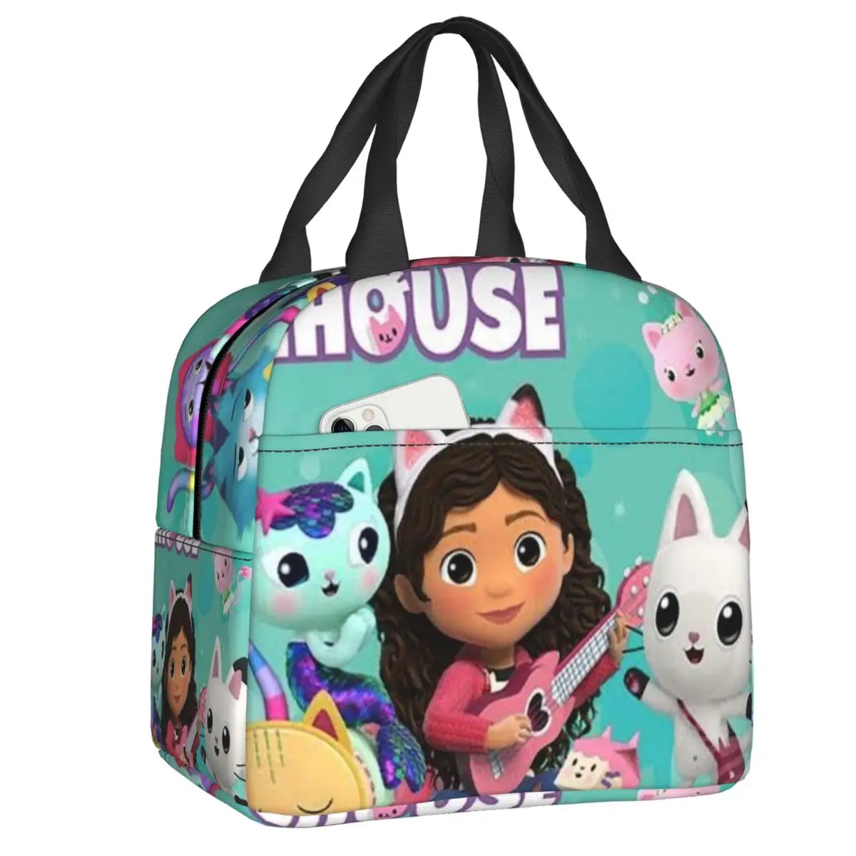 Custom Gabbys Dollhouse Portable Lunch Box Women Waterproof Cartoon Kitten Cats Thermal Cooler Food Insulated Lunch Bag