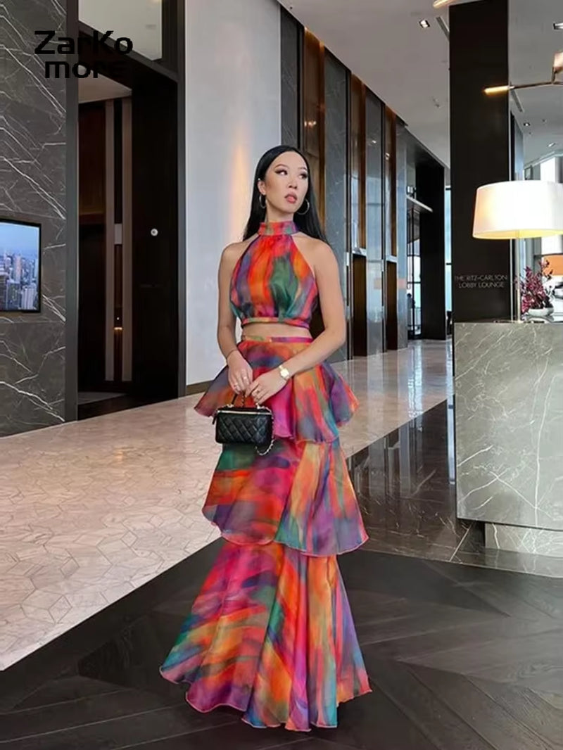 Printed Stacked Ruffle Hem Women Dress Sleeveless Halter High Waist Long Dresses 2025 Spring Summer Fashion Lady Party Robe