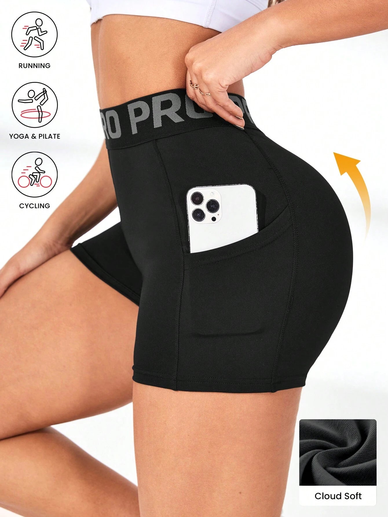 Easify  Sport High Waisted Slim Sport Shorts with Pockets and Letter Printed Drawstring for Women -Tummy Control Soft Butt Lifting Shorts for Running Cycling Yoga Pickleball Exercise Workout,Black