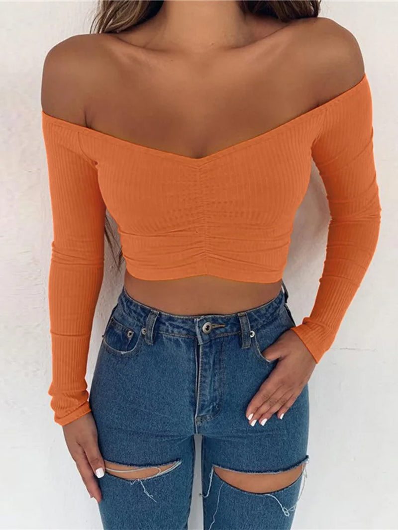 Women T-Shirts Sexy and Club Fashion Female T-Shirt Long Sleeve off Shoulder Solid Color Lady Tshirt Autumn Basic Tees