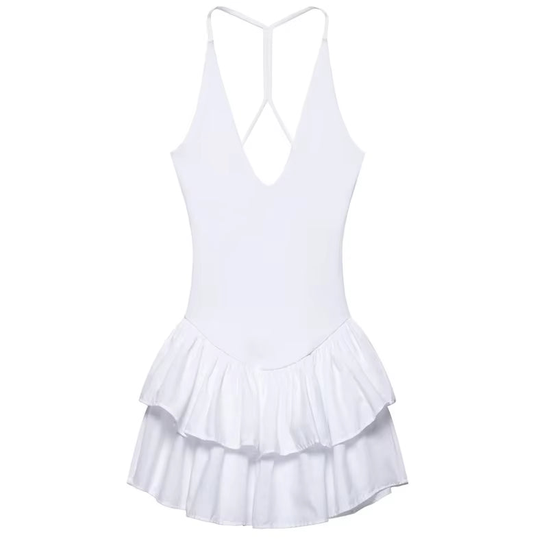 off Shoulder Women'S Dress Halter Solid Short Dresses 2025 Woman V Neck Layered Mini Dress Backless Party Dress for Women