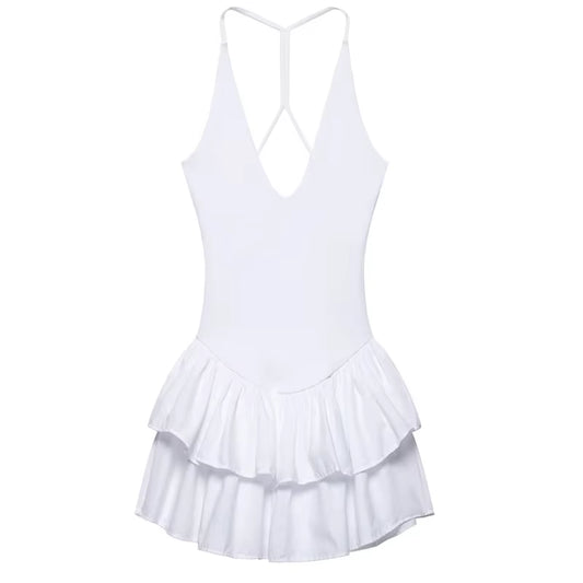 off Shoulder Women'S Dress Halter Solid Short Dresses 2025 Woman V Neck Layered Mini Dress Backless Party Dress for Women