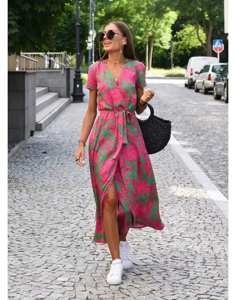 Summer Women'S New V-Neck Floral Printed Mid-Length Dress Split Vacation Style Fashion Long Dresses
